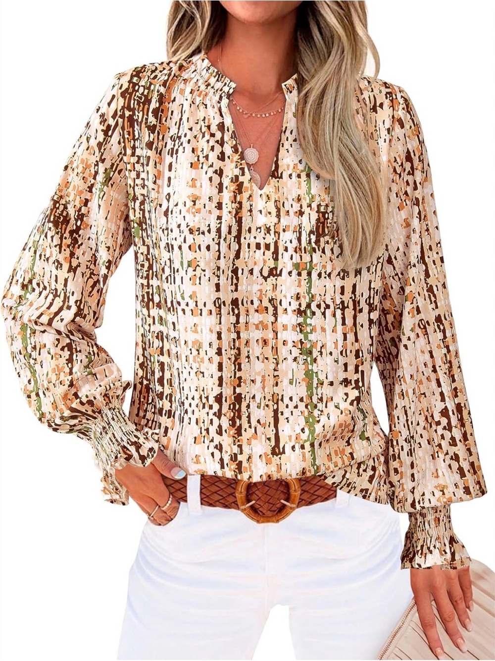 Women's Beige Pleated Long-Sleeve Printed Blouse